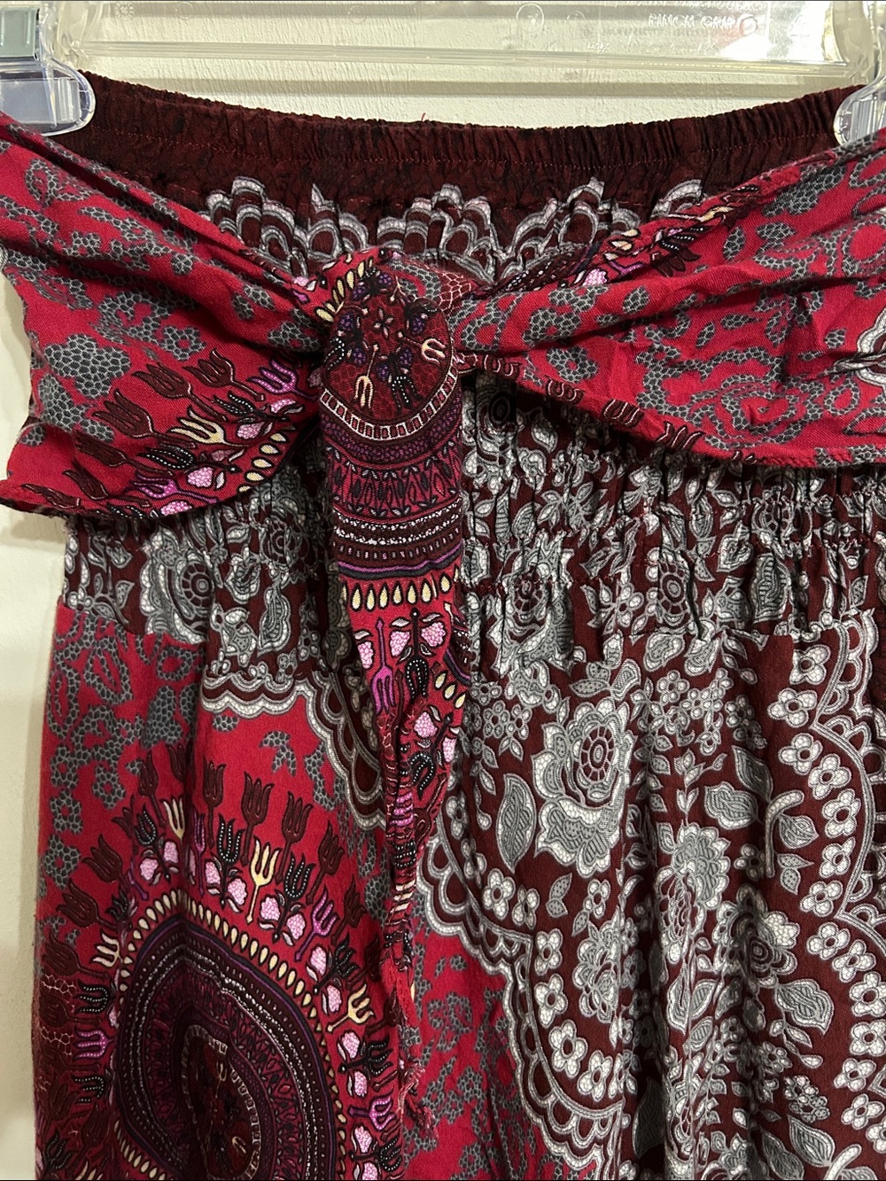 Tie-Waist & Elastic Burgundy Patterned Maxi Skirt Boho Style Youth Small - Picture 2 of 8